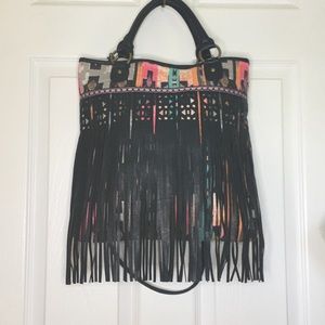 ICING Fringed Aztec Print Crossbody Tote